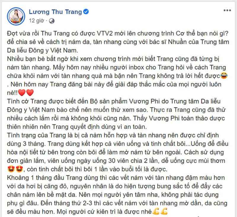 Chia sẻ của diễn viên Lương Thu Trang